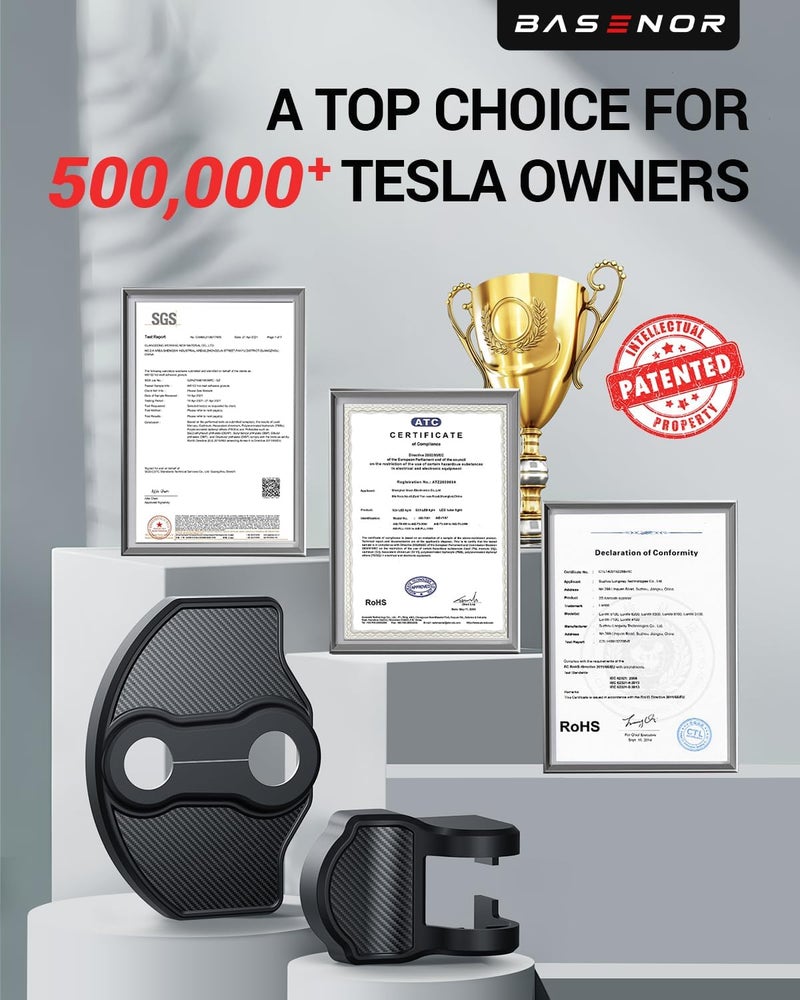 Basenor 2026 2025 Tesla Model Y Juniper Model 3 Door Lock Cover Protector [Carbon Edition] [No Tape Requried], Door Striker Latches Stopper Covers for 2017-2026 Model Y (8PCS)/Model 3 (6PCS) - Image 2